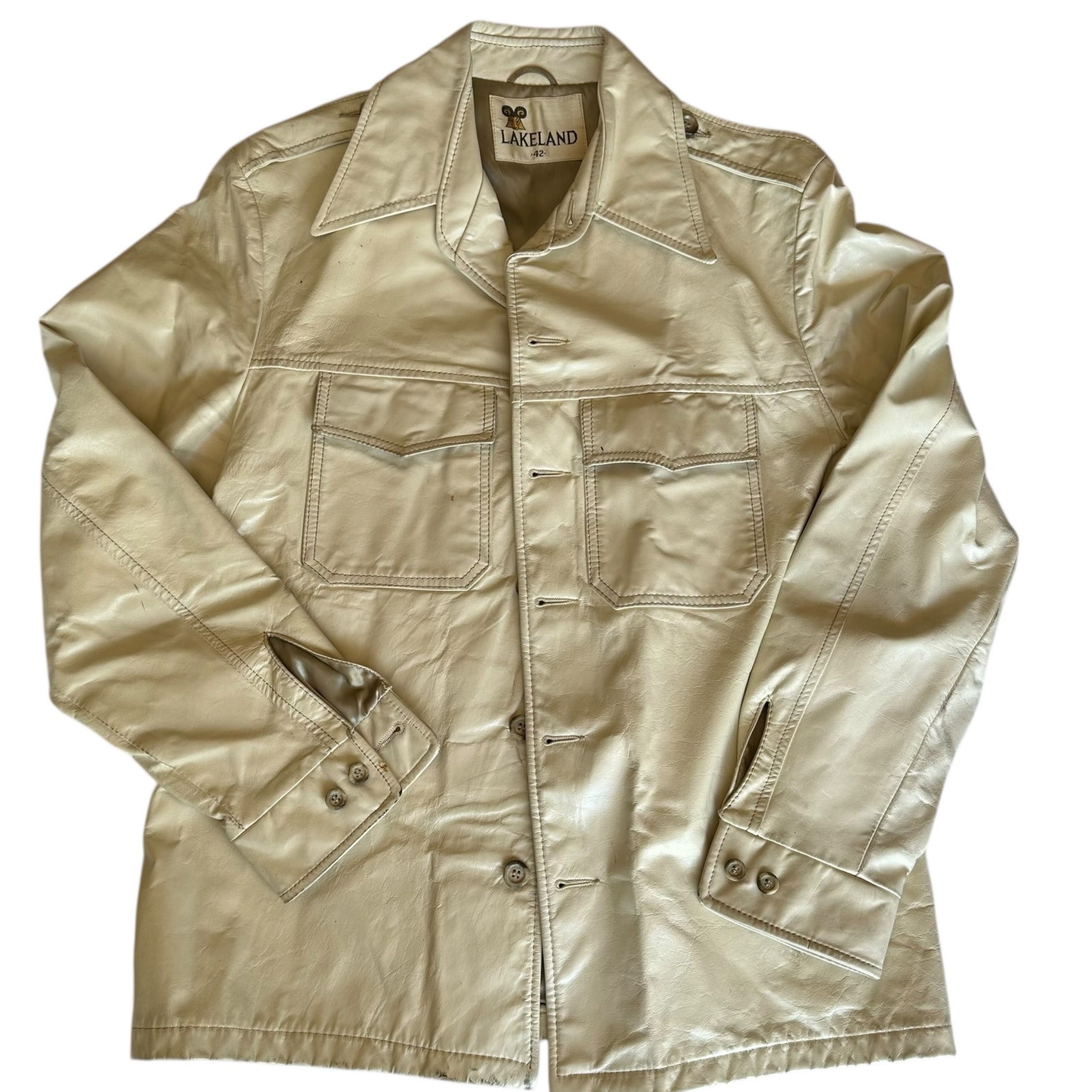 Vintage Womens Coat Size 42 Cream Leather Button Closure Pockets Outdoor Winter
